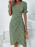 「binfenxie」Floral Print V Neck Dress, Elegant Button Front Short Sleeve Dress For Spring & Summer, Women's Clothing