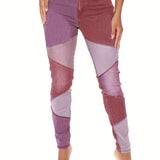 「binfenxie」Patchwork Mid Waist Denim Pants, Colorblock Slash Pockets Stretchy Denim Jeans, Women's Denim Jeans & Clothing