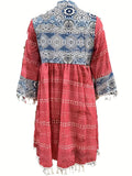 「binfenxie」Retro Print Boho Dress, V Neck Tassels Casual Dress For Spring & Summer, Women's Clothing