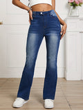 「binfenxie」Navy Blue Slant Pockets Flared Jeans, Boot-Cut Slash Pockets High-Stretch Denim Pants, Women's Denim Jeans & Clothing