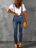 「binfenxie」Blue Ripped Holes Denim Overalls, Slim Fit Slight-Stretch Slash Pockets Denim Jumpsuit, Women's Denim Clothing