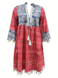 「binfenxie」Retro Print Boho Dress, V Neck Tassels Casual Dress For Spring & Summer, Women's Clothing