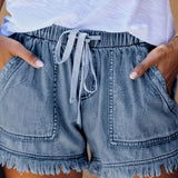 「binfenxie」Elastic Waist Distressed Denim Shorts, Raw Hem Slash Pockets Casual Short Denim Pants, Women's Denim Jeans & Clothing