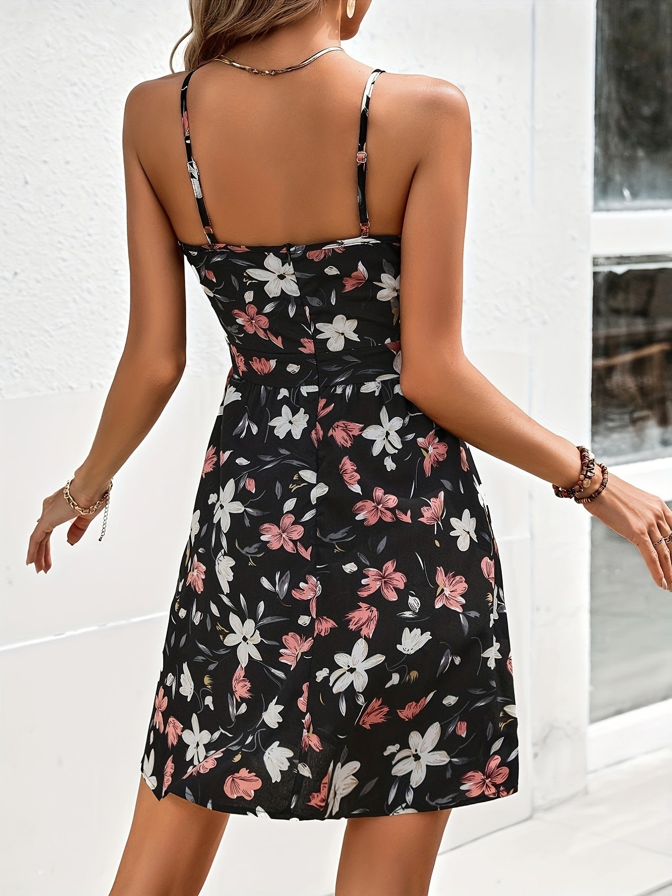 「binfenxie」Floral Print Spaghetti Dress, Romantic Plunging V-neck Backless Cami Dress, Women's Clothing