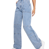 「binfenxie」Blue Loose Fit Straight Jeans, Slash Pockets Non-Stretch Baggy Denim Pants, Women's Denim Jeans & Clothing