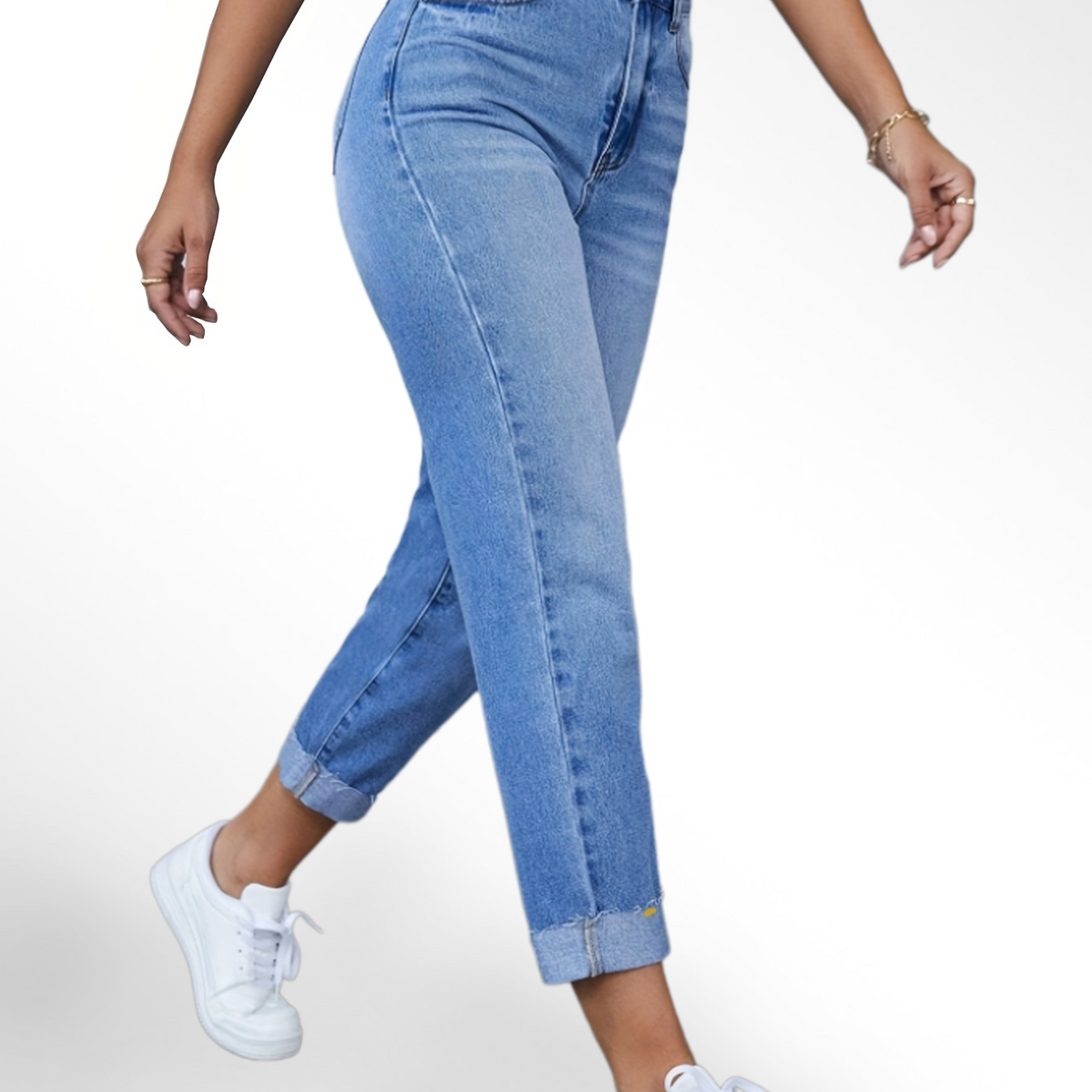 「binfenxie」Cuffed Light Wash Blue High Rise Cropped Jeans, Water Ripple Embossed Fayed Trim Denim Pants, Casual & Street Style, Women's Denim Jeans & Clothing