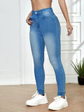 「binfenxie」Blue High Waist Skinny Jeans, Slash Pockets High Rise Slim Fit Stretchy Denim Pants, Women's Denim Jeans & Clothing