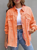 「binfenxie」Pink Raw Hem Oversized Denim Jacket, Flap Pocket Long Sleeve Button Denim Coat, Women's Denim & Clothing