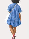 「binfenxie」Dark Blue Short Sleeves Denim Dress, Tiered Babydoll Single-Breasted Button Lapel Denim Dress, Women's Denim Clothing