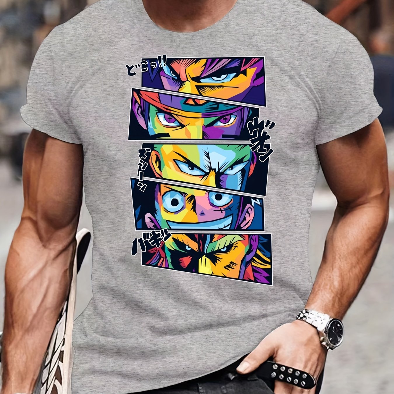 「binfenxie」Men's Casual Trendy Cartoon Anime Hero Character Print T-shirt, Short Sleeve Crew Neck Hip Hop Style Tees For Summer Holiday Gift