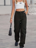 「binfenxie」Loose Fit Cargo Denim Pants, Flap Pockets Mid Waist Straight Legs Denim Pants, Y2K & Kpop Style, Women's Denim Jeans & Clothing