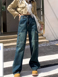 「binfenxie」Flap Cargo Pockets Water Ripple Embossed Jeans, Half Elastic Waistband Street Hip Pop Style Straight Denim Pants, Women's Denim Jeans & Clothing