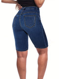 「binfenxie」Dark Blue High Waist Denim Shorts, Slim Fit Slash Pockets High Rise Short Denim Pants, Women's Denim Jeans & Clothing