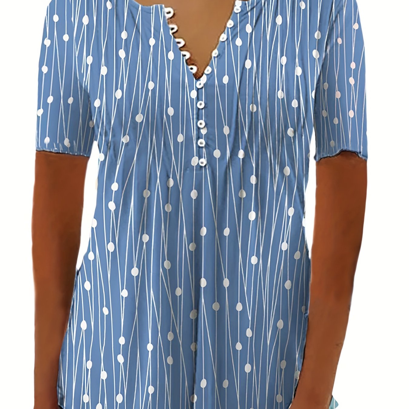 「binfenxie」Polka Dot Button T-Shirt, V Neck Short Sleeve T-Shirt, Casual Every Day Tops, Women's Clothing