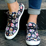 「binfenxie」Women's Colorful Skull Print Canvas Shoes - Comfy Slip Ons for Everyday Style!
