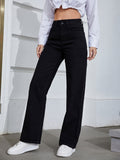 「binfenxie」Black Wide Leg Straight Jeans, Slash Pockets Loose Fit High Waist Denim Pants, Women's Denim Jeans & Clothing