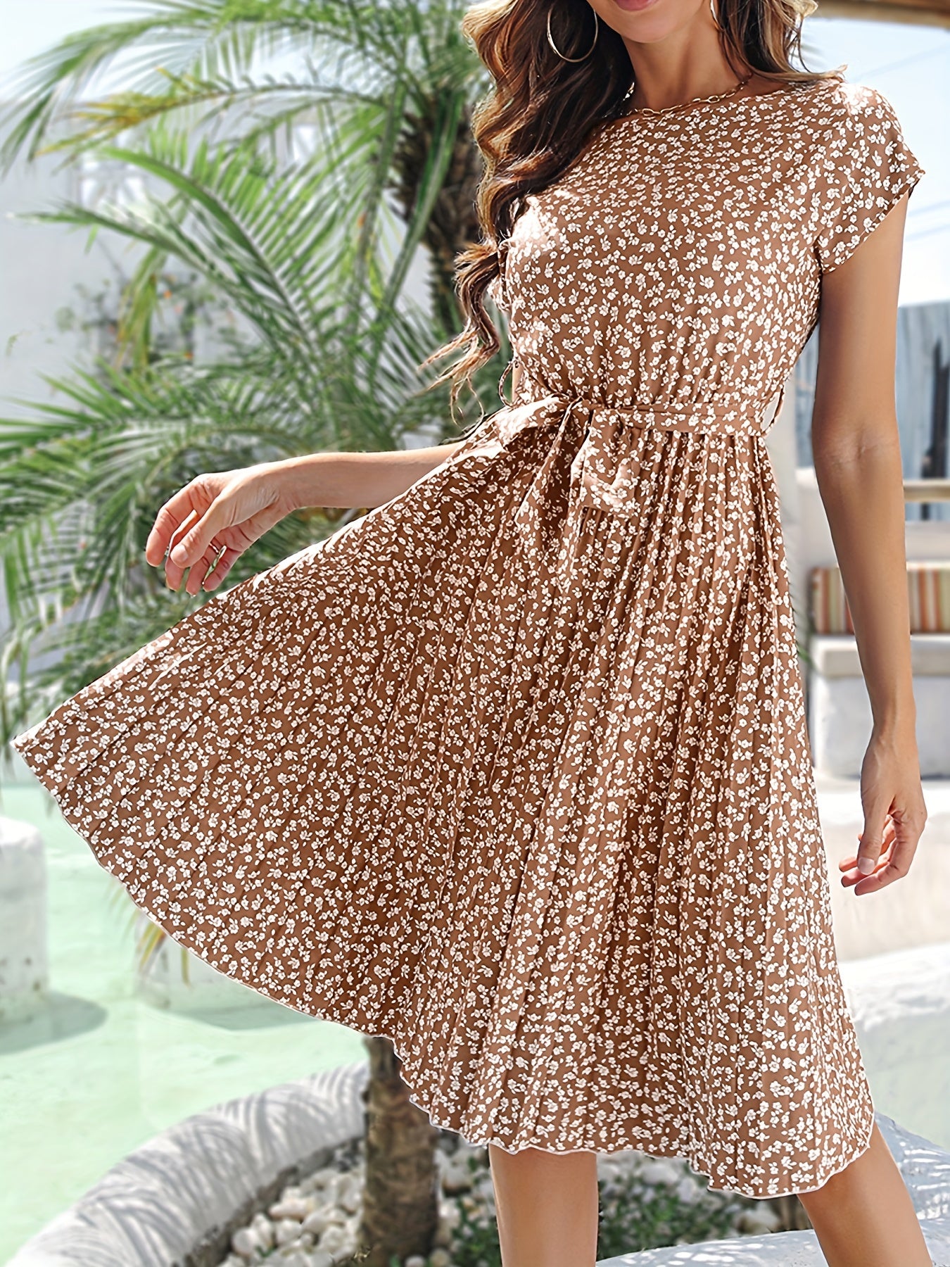 「binfenxie」Ditsy Floral Print Belted Dress, Short Sleeve Casual Every Day Vacation Dress For Spring & Summer, Women's Clothing