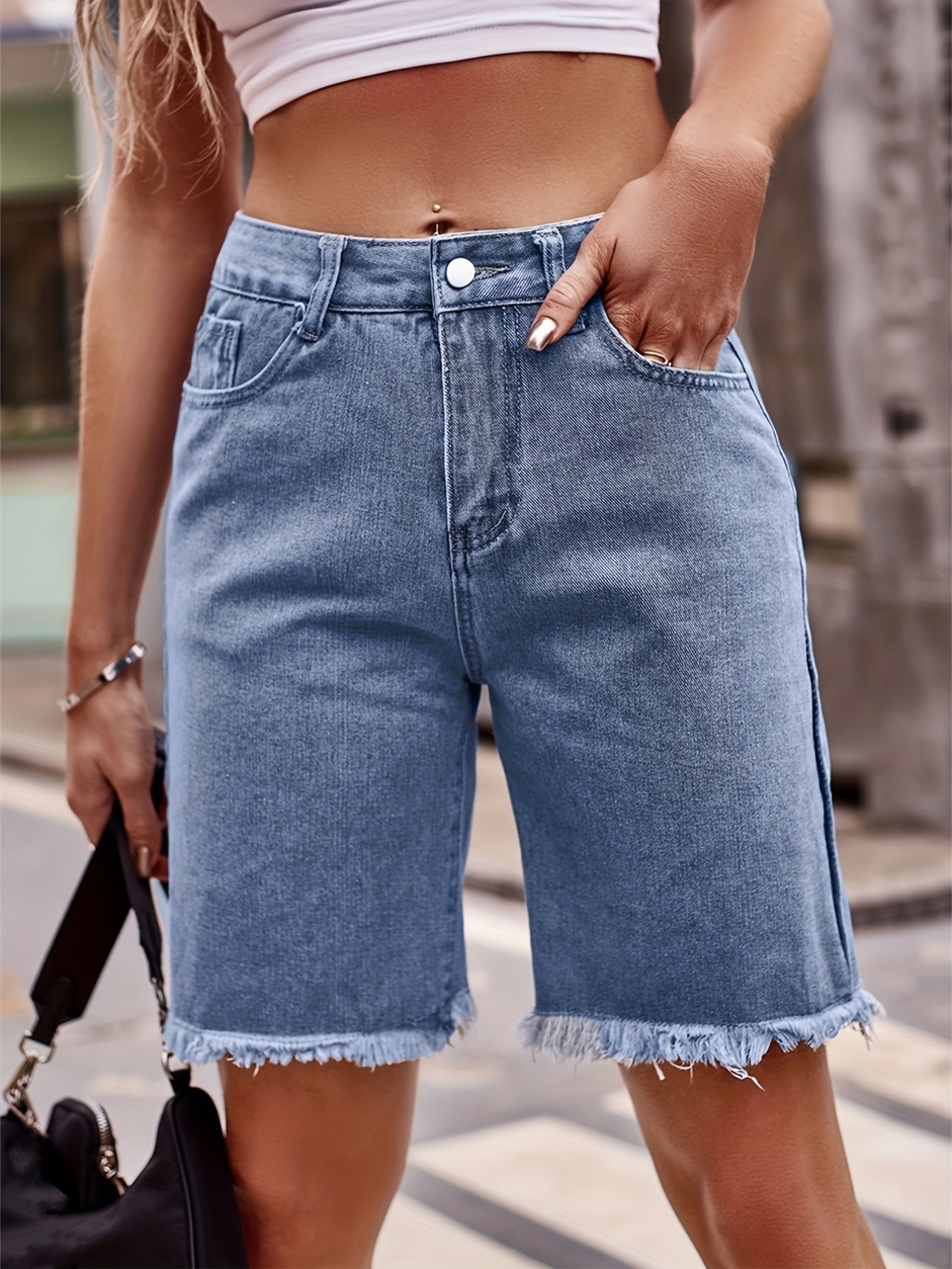 「binfenxie」Blue Raw Hem Denim Shorts, Slash Pockets Straight Legs Versatile Short Denim Pants, Women's Denim Jeans & Clothing