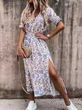 「binfenxie」Womens Summer Short Sleeve V Neck Floral Print Casual Bohemian Waist Slit Dress, Women's Clothing