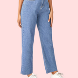 「binfenxie」Blue High Waist Straight Jeans, Loose Fit Wide Legs Slash Pockets High Rise Denim Pants, Women's Denim Jeans & Clothing