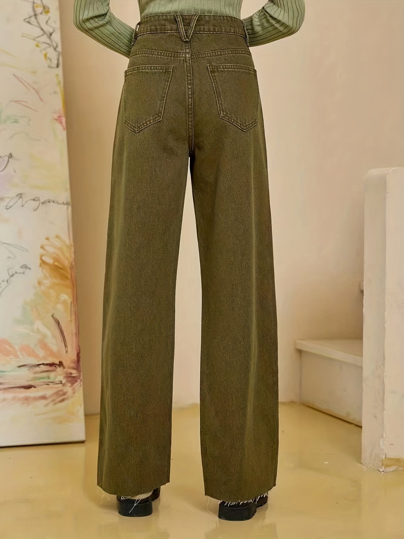 「binfenxie」Olive Green Fayed Hem Jeans, Solid Color Slant Pocket Straight Leg Denim Pants, Women's Denim Jeans & Clothing