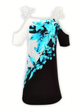 「binfenxie」Floral Print Cold Shoulder Dress, Casual V Neck Color Block Dress For Spring & Summer, Women's Clothing