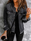 「binfenxie」Black Lapel Distressed Denim Coats, Raw Hem Single-Breasted Buttons Long Sleeve Denim Jackets, Women's Denim Clothing