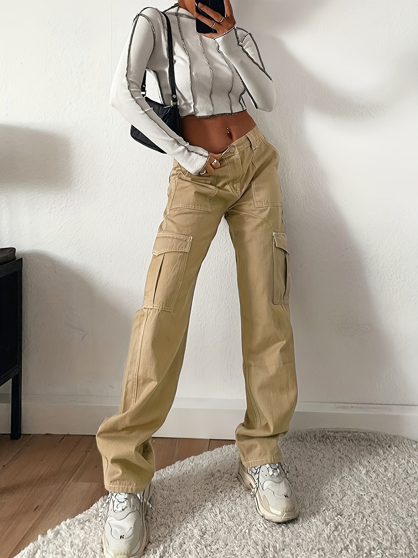 「binfenxie」Loose Fit Cargo Pants, Flap Pockets Non-Stretch Solid Color Street Style Straight Jeans, Y2K Kpop Vintage Style, Women's Denim Jeans & Clothing