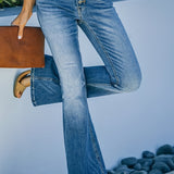 「binfenxie」Blue High Waist Flared Jeans, Single-Breasted Button Bell Bottom Slight-Stretch Denim Pants, Women's Denim Jeans & Clothing