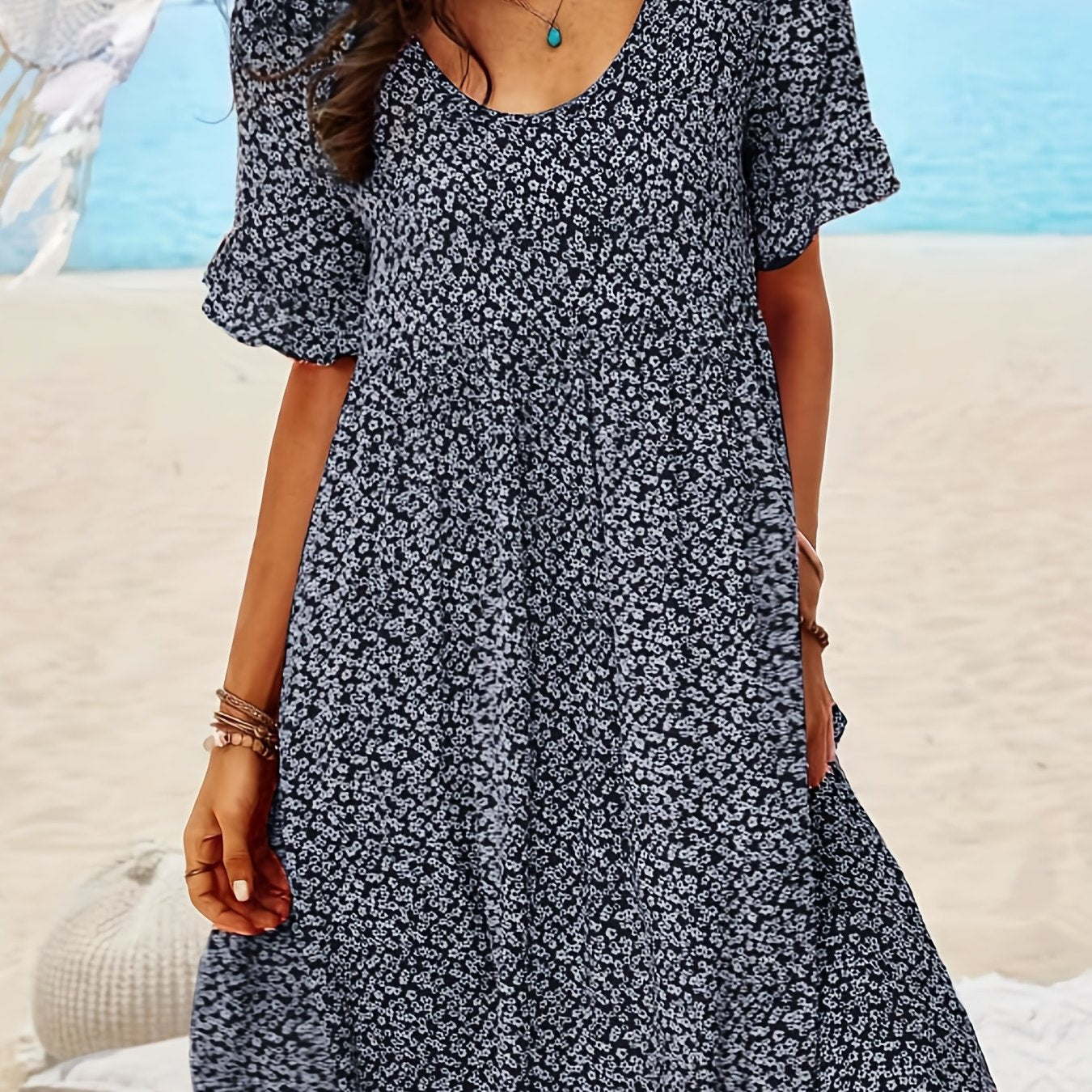 「binfenxie」Ditsy Floral Print Boho Dress, Vacation Scoop Neck Short Sleeve Beach Summer Dress, Women's Clothing