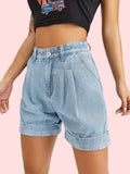「binfenxie」Blue High Waist Short Denim Pants, Slash Pockets Rolled Hem High Rise Ruched Short Denim Trousers, Women's Denim Jeans & Clothing