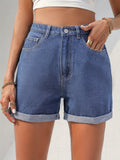 「binfenxie」Blue Rolled Hem Denim Shorts, Slash Pockets Versatile Short Denim Pants, Women's Denim Jeans & Clothing