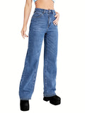 「binfenxie」Dark Blue High Waist Straight Jeans, Slash Pockets Wide Leg Loose Fit High Rise Denim Pants, Women's Denim Jeans & Clothing