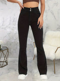 「binfenxie」Black Double Button Wide Leg Jeans, High Rise Mid Strech Street Style Flare Denim Pants, Women's Denim Jeans & Clothing