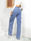 「binfenxie」Side Cargo Pockets Exposed Seam Loose Jeans, Slash Pocket Peacock Blue Casual Stylish Denim Pants, Women's Denim Jeans & Clothing