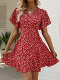 「binfenxie」Floral Print Ruffle Hem Wrap Dress, Sexy Short Sleeve V-neck Dress For Spring & Summer, Women's Clothing