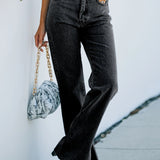 「binfenxie」High Rise Straight Legs Slim Fit Bell Bottom Shape Plain Design Slash Pocket Zipper Button Closure Washed Black Flare Jeans, Women's Denim Jeans