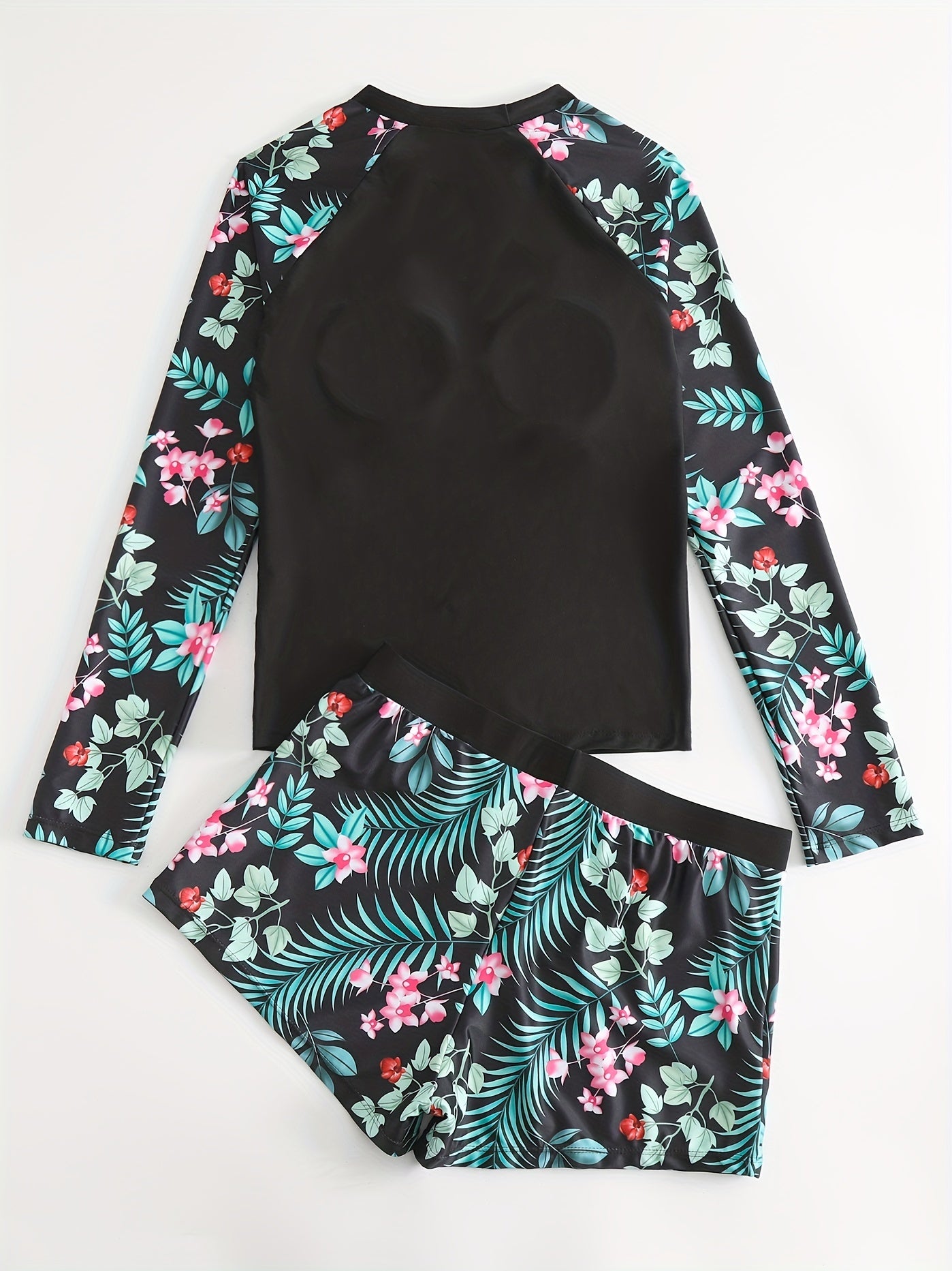 「binfenxie」Colorblock Tropical Print Tankini Sets, Long Sleeves Round Neck Rash Guard Boxer Short Bottom Two Pieces Swimsuit, Women's Swimwear & Clothing