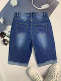 「binfenxie」Solid Color Washed Blue Roll Cuff Denim Pants, Distressed Raw Hem High Strech Mid Length Shorts, Women's Denim Jeans & Clothing