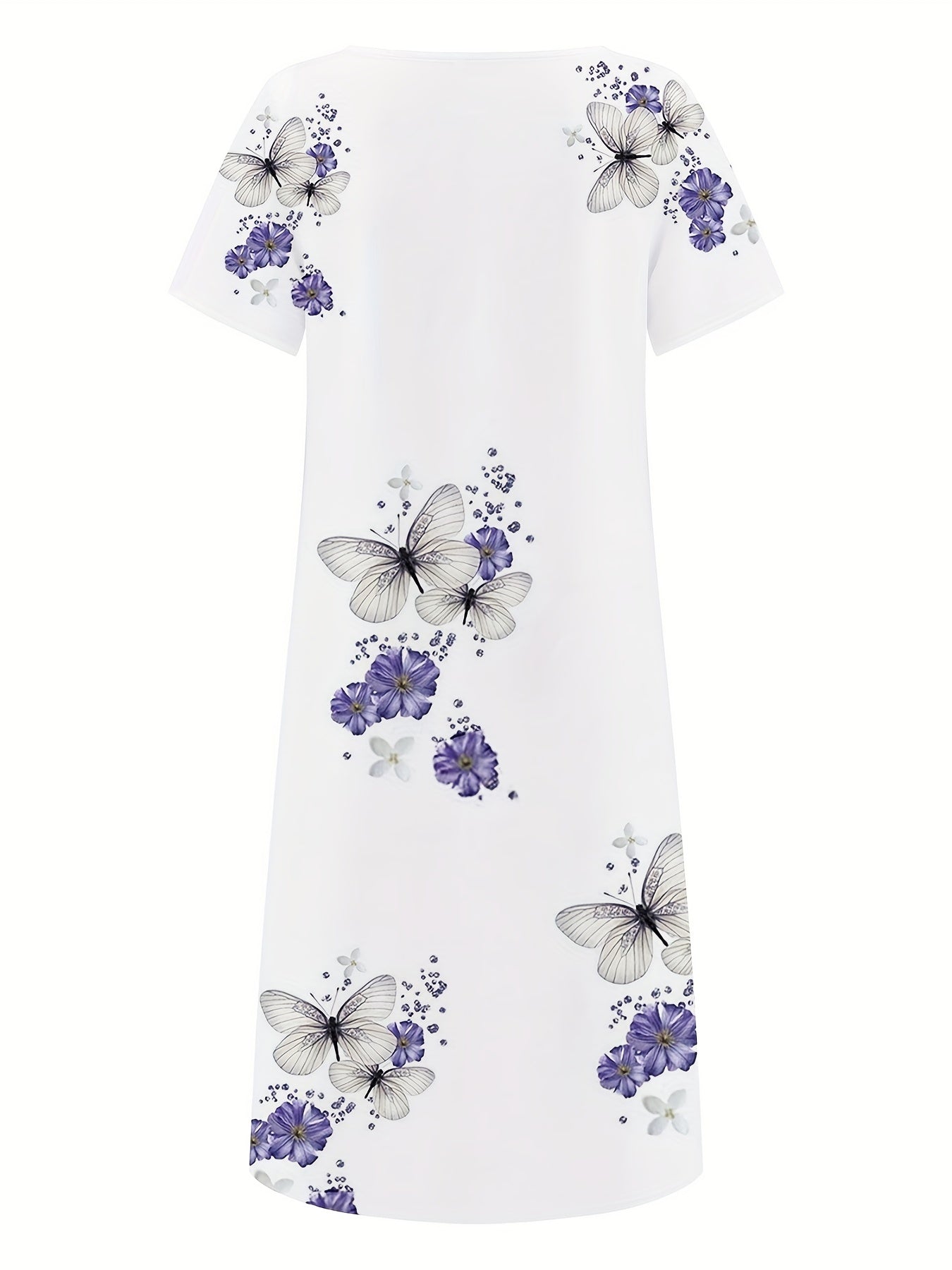 「binfenxie」Floral & Butterfly Print V Neck Dress, Casual Button Front Short Sleeve Dress For Spring & Summer, Women's Clothing