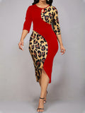 「binfenxie」Leopard Splicing Dress, Elegant Keyhole 3/4 Sleeve Slim Crew Neck Pencil Dress, Women's Clothing