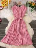 「binfenxie」Polka Dot Pleated Dress, Short Sleeve Casual Dress For Spring & Summer, Women's Clothing