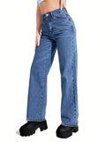 「binfenxie」Dark Blue High Waist Straight Jeans, Slash Pockets Wide Leg Loose Fit High Rise Denim Pants, Women's Denim Jeans & Clothing