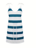 「binfenxie」Striped Drawstring Waist Cami Dress, Sexy V-neck Spaghetti Dress, Women's Clothing
