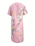 「binfenxie」Floral Print High Waist Dress, Casual Crew Neck Short Sleeve Summer Dress, Women's Clothing