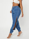 「binfenxie」High Rise Cut Out Side Denim Bloomers, High Waist Elastic Hem Denim Joggers, Women's Denim Jeans & Clothing