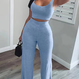 「binfenxie」Casual Workout 2 Pieces Set, Cropped Sleeveless Tank Top & High Waist Wide Leg Pants Outfits, Women's Clothing