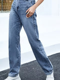 「binfenxie」Blue High Waist Straight Jeans, Loose Fit High Rise Slash Pockets Extra Long Denim Pants, Women's Denim Jeans & Clothing