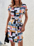 「binfenxie」Geometric Color Block Print Dress, Casual Crew Neck Batwing Sleeve Hem Arc Dress, Women's Clothing