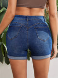 「binfenxie」Blue Rolled Hem Denim Shorts, Slash Pockets High-Stretch Casual Short Denim Pants, Women's Denim Jeans & Clothing